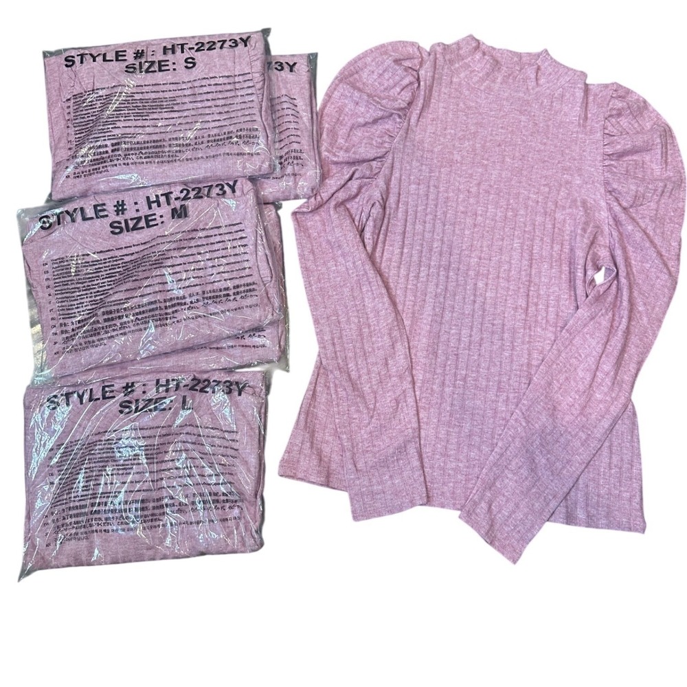 New Zenana Small Light Rose Pink Mock Neck Puff Sleeve Ribbed Top HT-2273Y - Picture 2 of 7